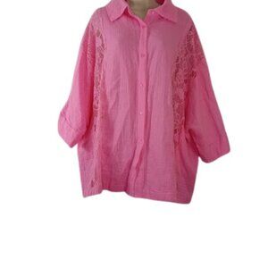 Andree by Unit Womens Button Up Shirt Pink Gauze Lace Raw Edges Plus 1X New